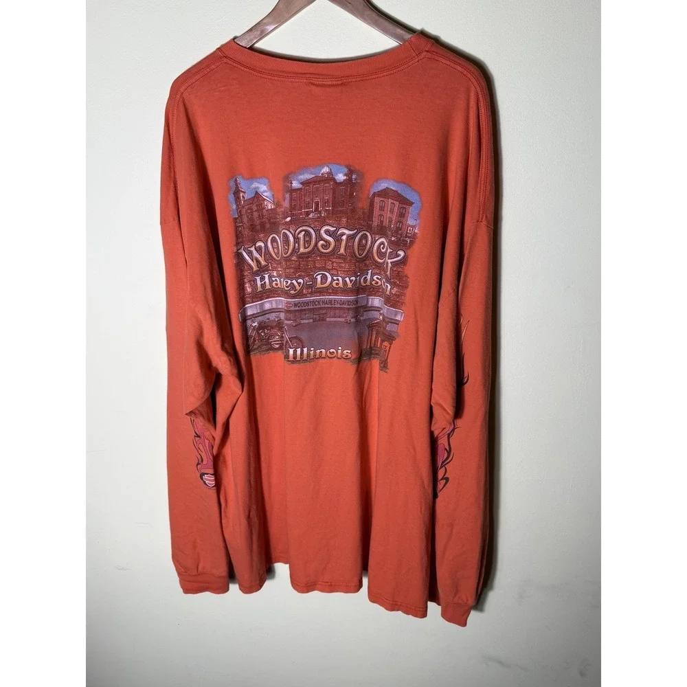 Vintage Harley-Davidson Shirt Mens 3XL Orange Woodstock IL Flames‎ Long Sleeve